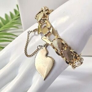 Vtg Chunky Gold Tone Faux Pearl Engravable Leaf Tag Charm Bracelet Chain
